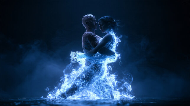 Romantic Couple Dancing with Glowing Blue Ethereal Energy