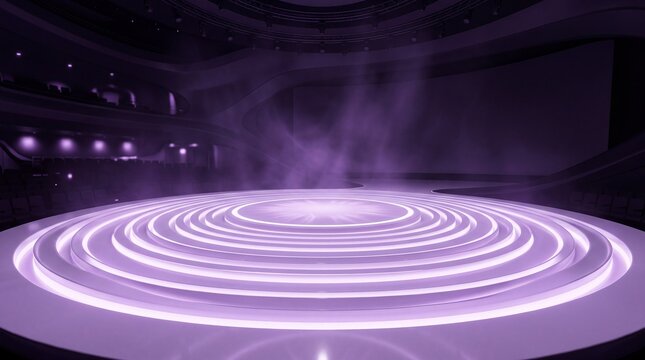 Futuristic Empty Stage with Glowing Purple Concentric Lights and Smoke