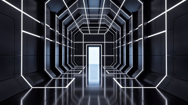 Futuristic SciFi Corridor with Glowing White Geometric Grid Lights