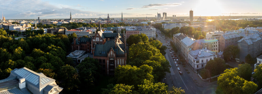 Art Academy and Latvian National Museum of Art roof, drone panorama, Riga, Latvia. Drone wide panoramic view over the grey roof of the Latvian National Museum of Art, red brick academy.