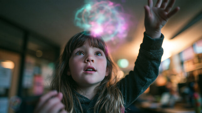 Curious Girl Reaching for Glowing Spark of Imagination