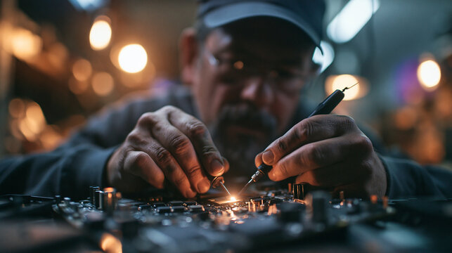 Technician Soldering Circuit Board with Precision Tools in Workshop