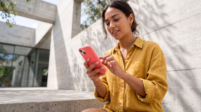 Young Woman Using Smartphone Outdoors Near Modern Architecture