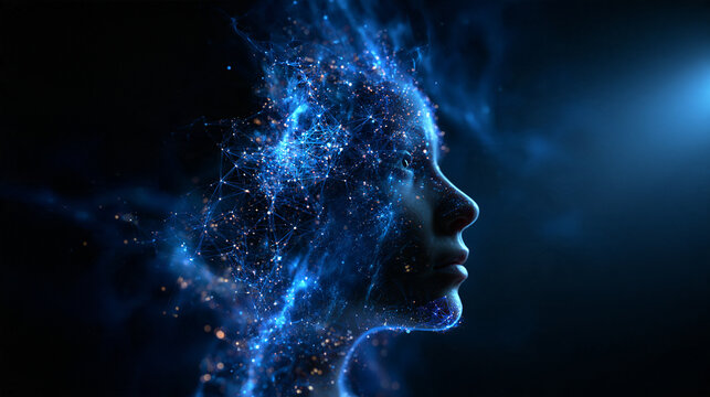AI Face Profile with Glowing Neural Network and Digital Consciousness