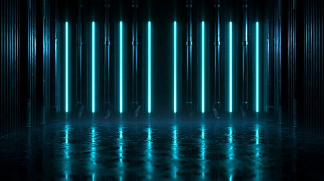 Futuristic Dark Stage with Vertical Cyan Neon Light Tubes