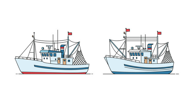 Flat design vector illustration of two professional industrial fishing boats equipped with large trawler nets.