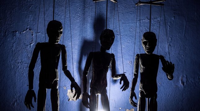 Shadowy Marionette Puppets Hanging Against Deep Blue Background for Psychological Thriller Book Covers