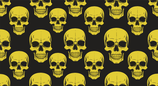 Seamless pattern of yellow human skulls hand drawn in vintage style on a dark charcoal gray background.