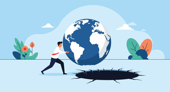 Concerned businessman pushing the giant earth globe into a deep black hole representing global crisis or ecology risk.