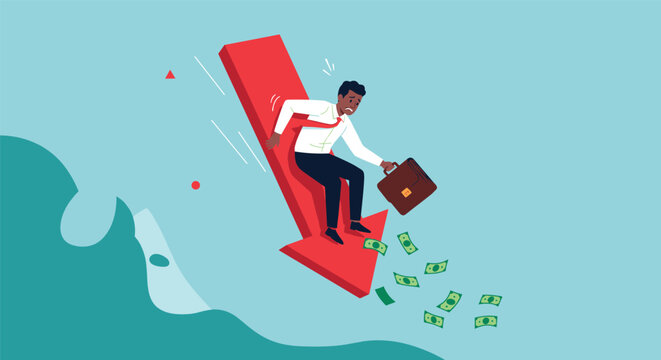 Worried young businessman sliding down a steep falling red arrow while losing his briefcase and green money bills.