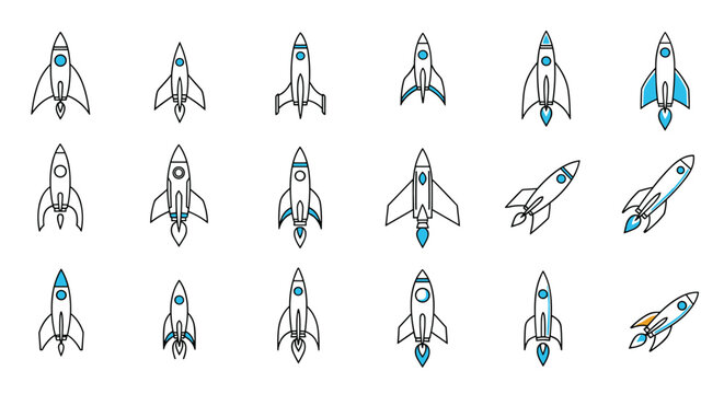 Set of various cartoon space rocket icons with blue details showing different ship designs on white background.