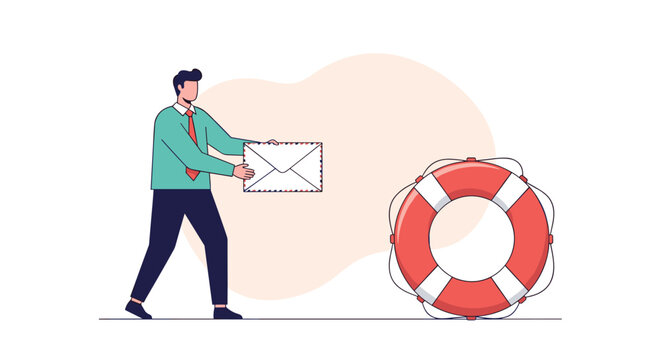Businessman in a green shirt carrying a huge white envelope towards a giant orange and white rescue lifebuoy.