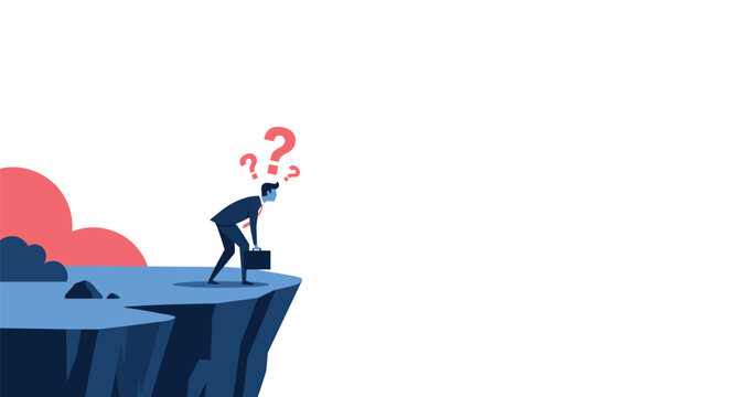 Businessman carrying a briefcase and looking hesitantly off the edge of a deep cliff with pink question marks.