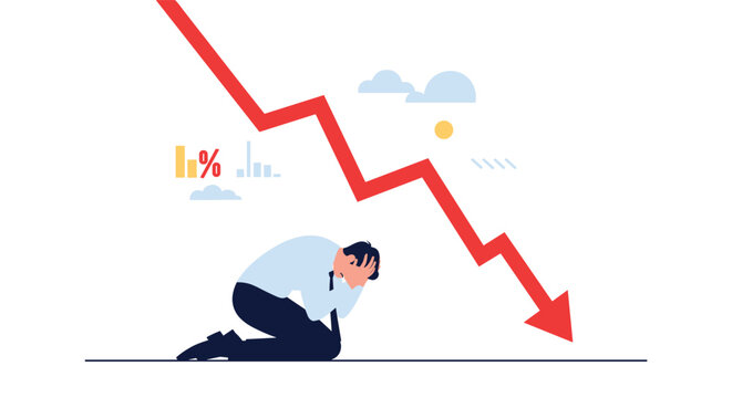 Desperate businessman kneeling under a declining red arrow graph, representing financial crisis and bankruptcy.
