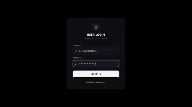 Animated sequence of a dark digital user login interface process