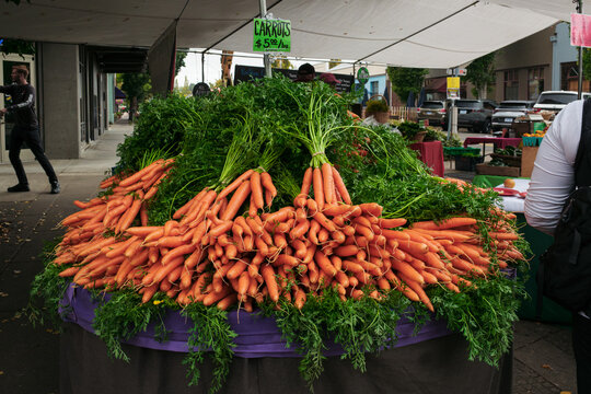 Fresh Carrots and Greens at a fall Farmers Market, Corvallis, Oregon