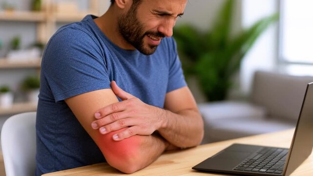 Remote Worker Experiencing Elbow Pain While Typing on Laptop with Red Highlighted Soreness Area