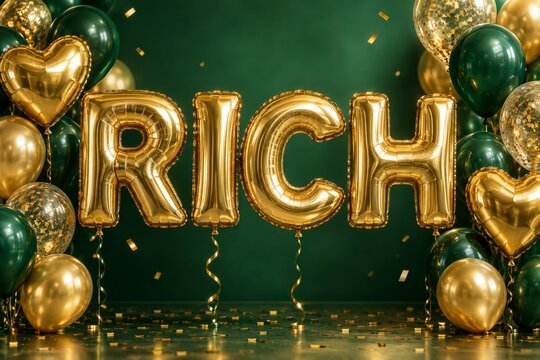 RICH Gold Foil Balloons on Green Celebration Background