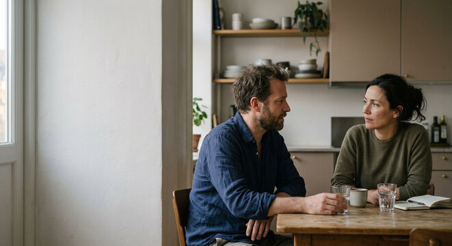 Serious mature couple having a deep conversation at the kitchen table.