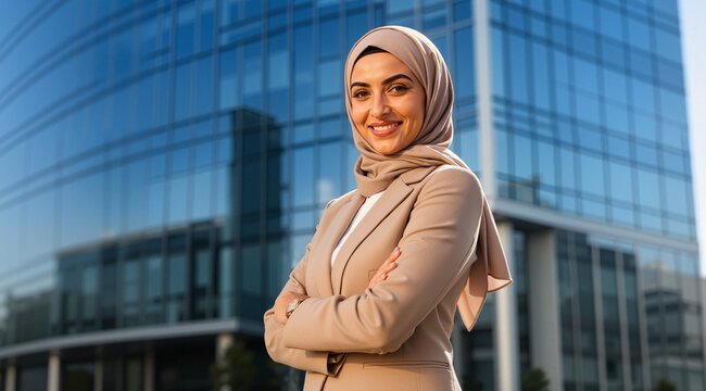 A beautiful Arab businesswoman with a stylish hijab standing confidently in front of a modern office building, arms crossed with a warm professional smile, wearing a tailored blazer in neutral tones, 