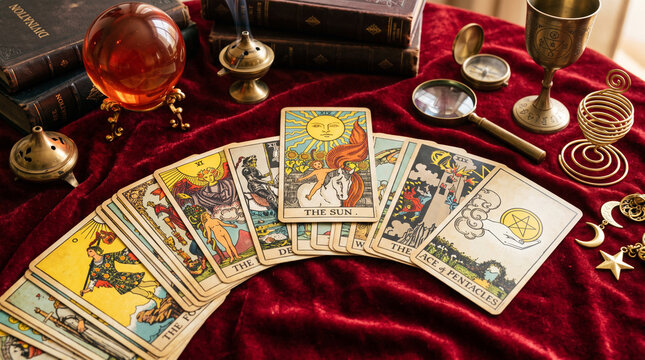 Fortune teller and whitcraft concept with tarot cards spread on red velvet surrounded by a magic crystal ball, gold bracelet, a book and a wooden box