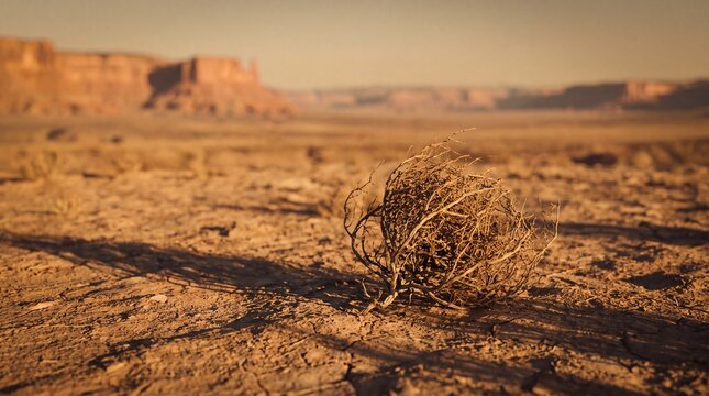 Vintage Dry Tumbleweed Resting on Arid Wild West Desert Plains at Golden Hour for Cinematic Western Travel Des