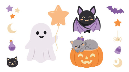 Obraz premium Cute Halloween Elements Collection with Ghost Bat Cat and Pumpkin