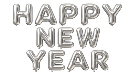 Silver happy new year balloon letters, perfect for holiday greetings and festive event decorations. © Png-Studio