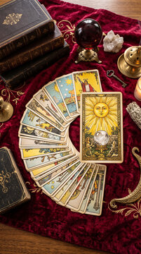 Mystical tarot reading setup with a fan of illustrated divination cards on deep crimson fabric, central card featuring a radiant golden sun surrounded by a crystal sphere, antique books and ornate acc