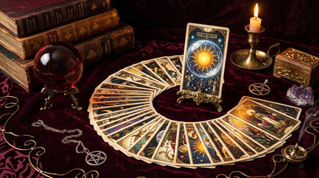 Mystical tarot reading setup with a fan of illustrated divination cards on deep crimson fabric, central card featuring a radiant golden sun surrounded by a crystal sphere, antique books and ornate acc