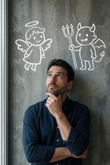 Fototapeta premium Man thinks about moral choice between white angel, devil drawings on concrete wall. Pensive male faces dilemma of good versus evil. Person contemplates ethical decision, temptation, conscience in
