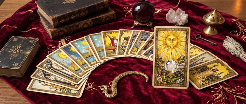 Tarot cards spread across a rich red velvet table with The Sun card prominently displayed on top, crystal ball and golden mystical objects surrounding the deck, tarot reading, fortune telling, divinat