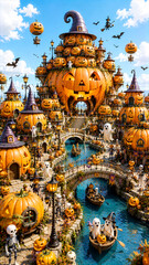 Obraz premium Whimsical Halloween pumpkin city features ghosts, skeletons, witches, bats, canals, bridges, and bright festive decorations.