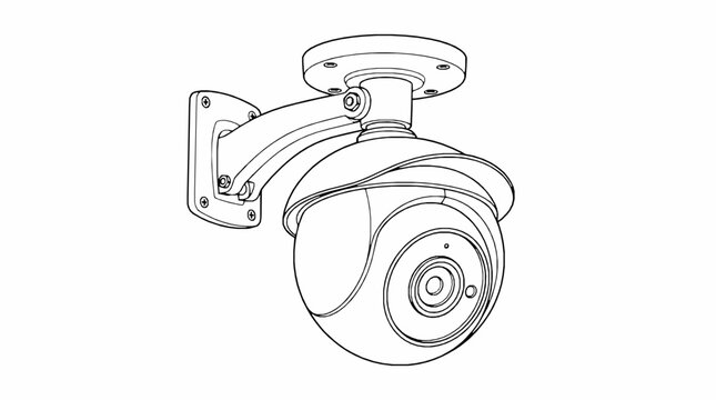 A black and white line drawing of a dome security camera mounted on a wall with detailed outline illustration