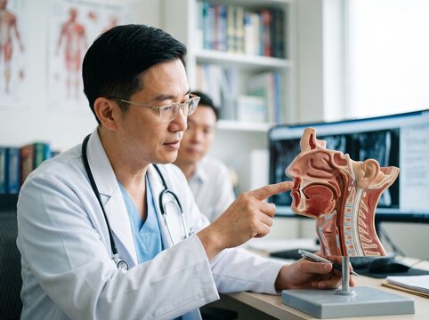 Asian male doctor pointing at a human nose and throat anatomy model during a medical consultation in a hospital clinic office