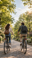 Fototapeta premium Friends riding bicycles together on leafy car free avenue 
