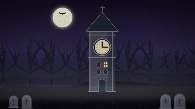 Cursed gothic clocktower background loop at midnight