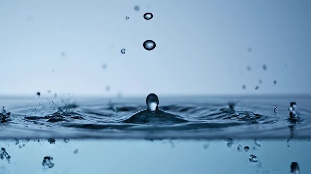 Single water drop impact creating crown splash ripples on clean reflective surface with blue gradient background cinematic motion