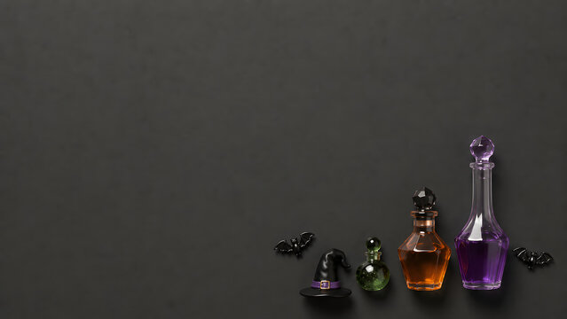 Halloween magic potion bottles on black background, spooky witch apothecary glass vials, dark mystical flat lay with miniature bats and wizard hat