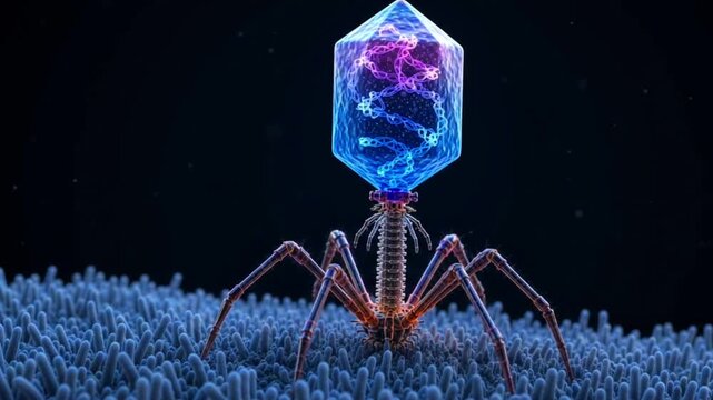 Bacteriophage Virus Infecting Bacterial Cell, 3D Microbiology Animation