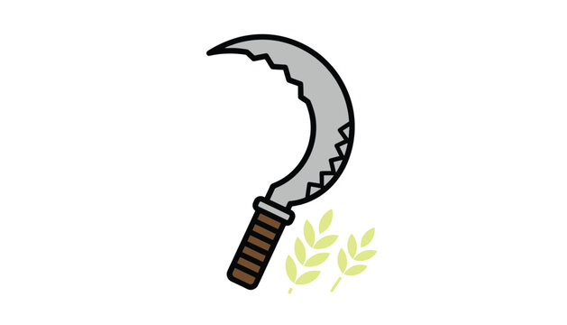 Colorful vector illustration of a traditional farming sickle with a serrated metal blade and wooden handle next to wheat ears.