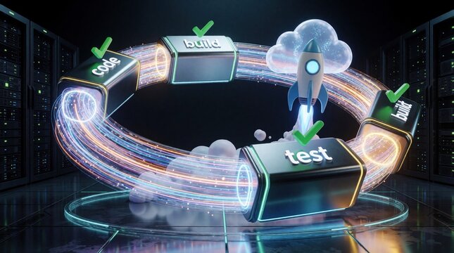 3D concept of software development lifecycle shows code build, test stages in circular loop. Rocket launches toward cloud computing to represent digital transformation, agile workflow. Futuristic