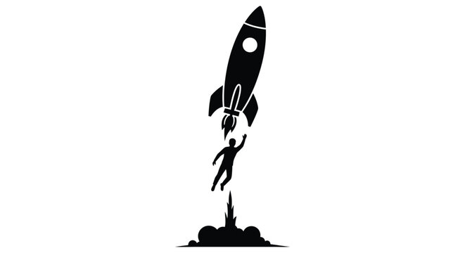 Black silhouette of a rocket launching with a person ascending on a white background