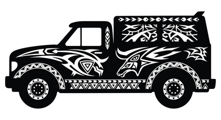 Black silhouette of a pickup truck decorated with tribal patterns and a dragon head © Ziaul_Studio