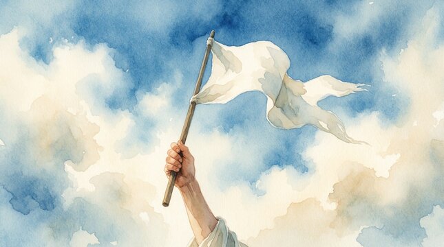 Hand holds white flag in watercolor sky with soft clouds. Symbol of peace surrender or protest against blue background. Peaceful gesture for art or diplomacy.