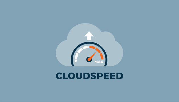 Cloudspeed logo featuring a fluffy cloud and a speed speedometer gauge with orange accents and an upward pointing arrow.