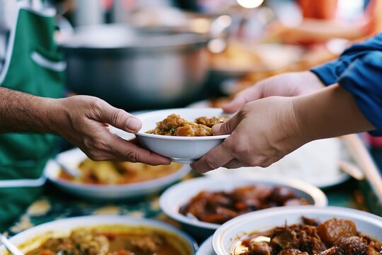The Bowl of Shared Street-Style Delicacies Being Handed Across Table