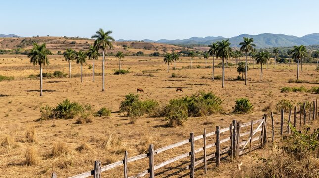 Cows grazing peacefully in open pastures within the scenic and mountainous cuban countryside