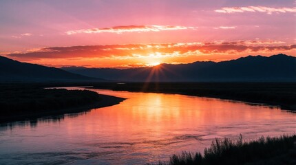 Fototapeta premium Vibrant sunset sky with pink orange, purple clouds over dark mountain silhouettes. Peaceful river reflects warm glowing light at dusk. Beautiful landscape scenery with calm water, dramatic horizon