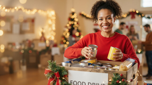 Smiling Black woman volunteer holding canned goods at a Christmas food drive. Happy female charity worker packing a donation box with groceries. Community service and holiday giving concept